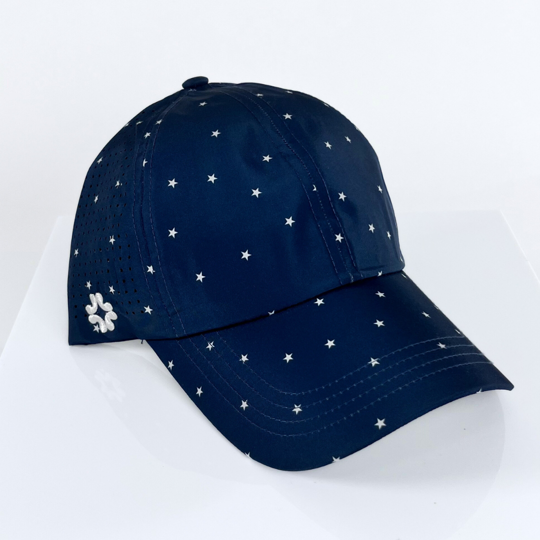 Navy with White Stars, Sun Goddess Cap, Tuck-In Strap, UPF 50+ - VIMHUE