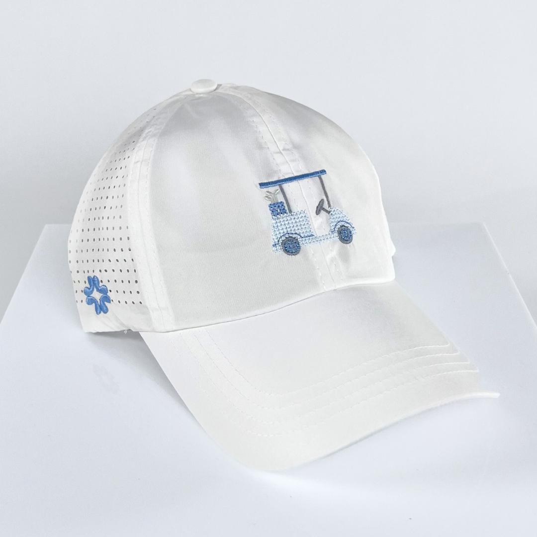 Golf Cart Cross Stitch Sun Goddess, Tuck In Strap, white, UPF 50+ - VIMHUE