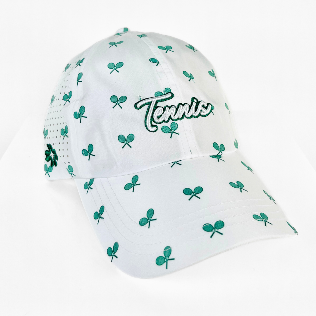 Tennis (White/Green) - Green Racquets Print Sun Goddess, Tuck-In Strap, White UPF 50+ - VIMHUE