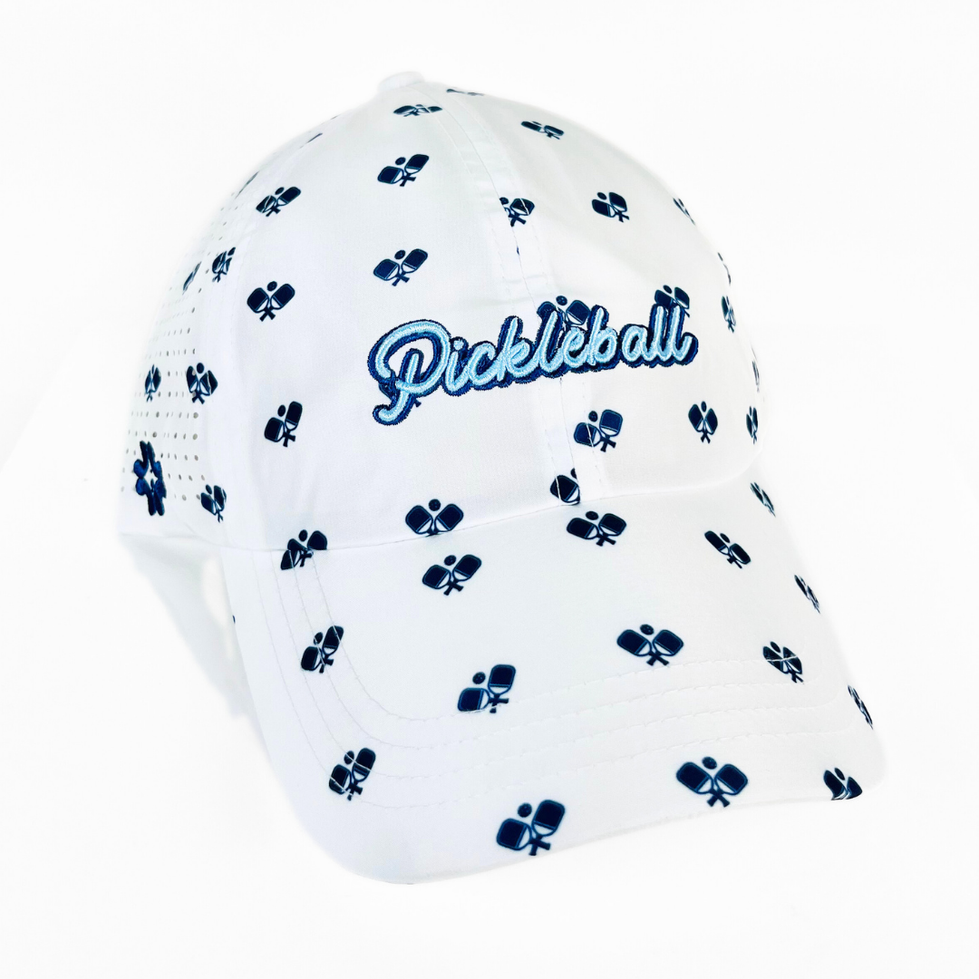 Pickleball (Blue/Navy) - Navy Paddles Print Sun Goddess, Tuck-In Strap, White UPF 50+ - VIMHUE