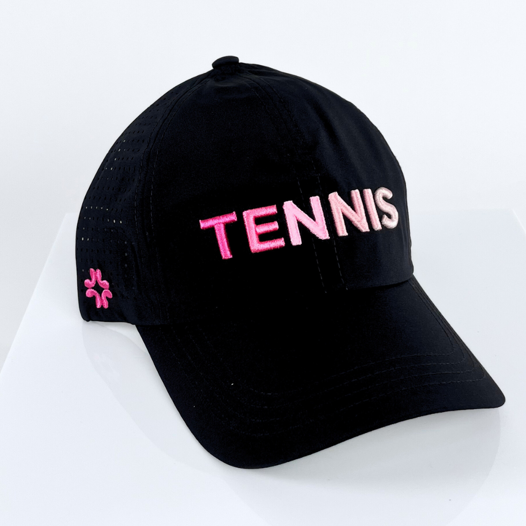 TENNIS Pink Ombre Puff, Sun Goddess, Tuck In Strap, Black, UPF 50+ - VIMHUE