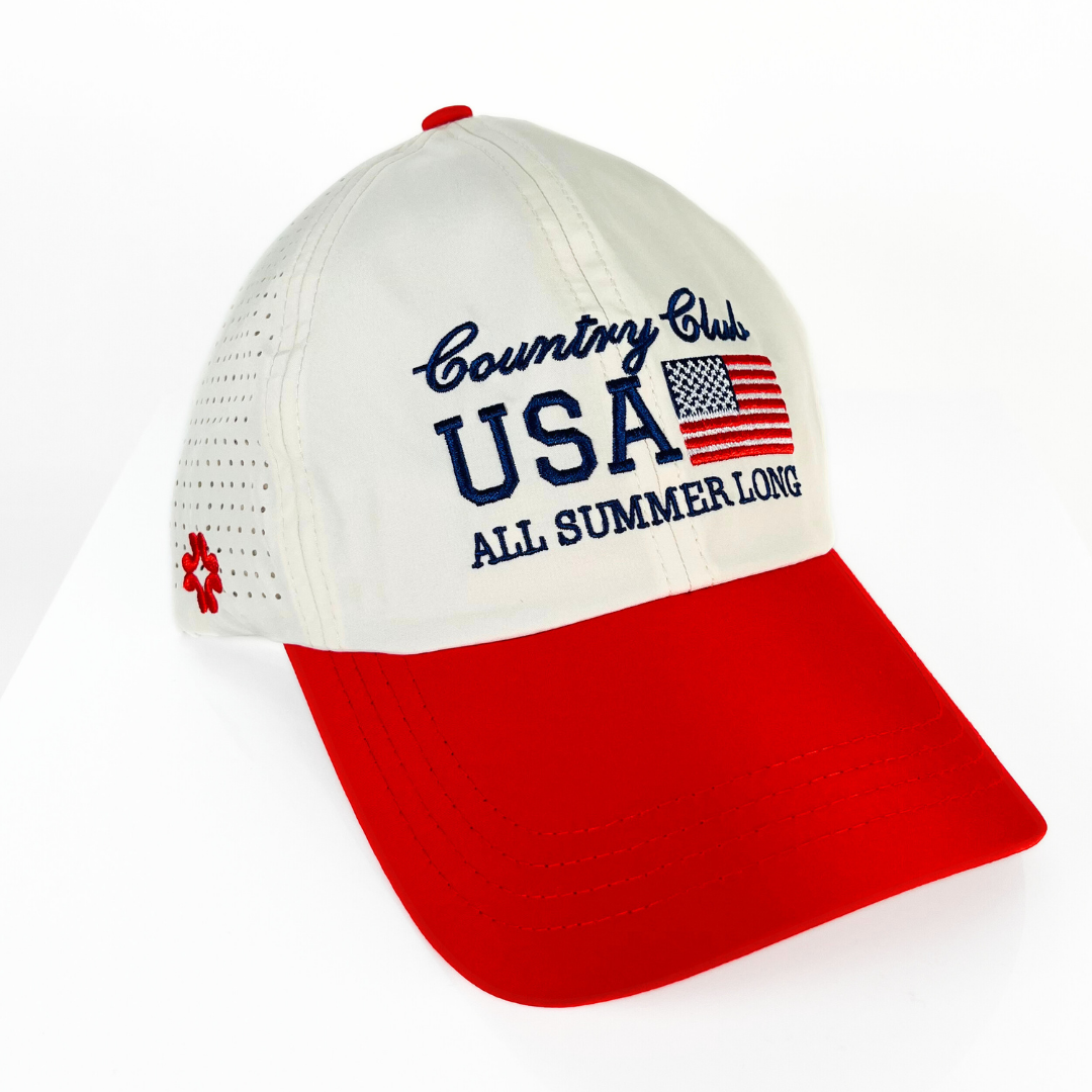 Country Club USA - Cream/Crimson , Sun Goddess Cap, Tuck-In Strap, UPF 50+ - VIMHUE