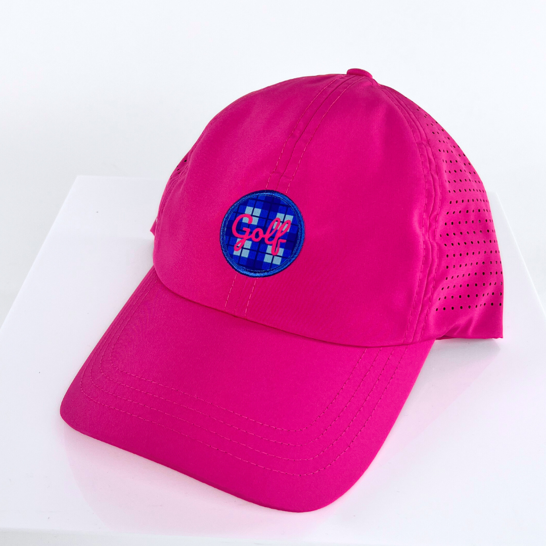Par-Tee Collection - Fuchsia "Golf" navy gingham patch, Sun Goddess, Tuck-In Strap, UPF 50+ - VIMHUE