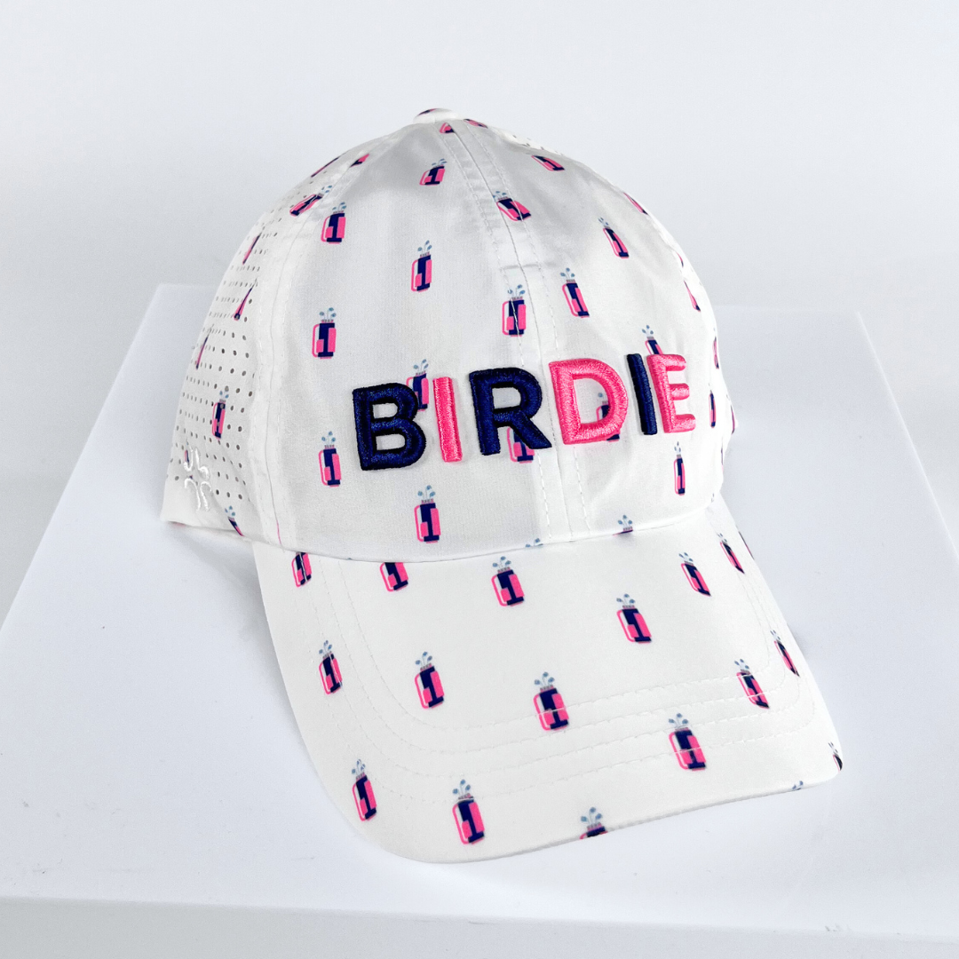 Par-Tee Collection, BIRDIE puff on pink and navy golf bags, Sun Goddess, Tuck-In Strap, UPF 50+ - VIMHUE