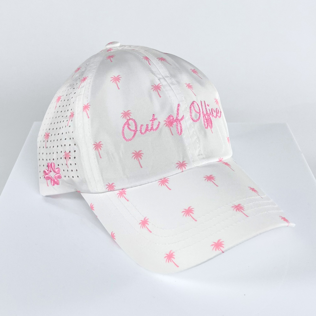 Ouf Of Office - Pink Palms Print , Sun Goddess Cap, Tuck-In Strap UPF 50+ - VIMHUE