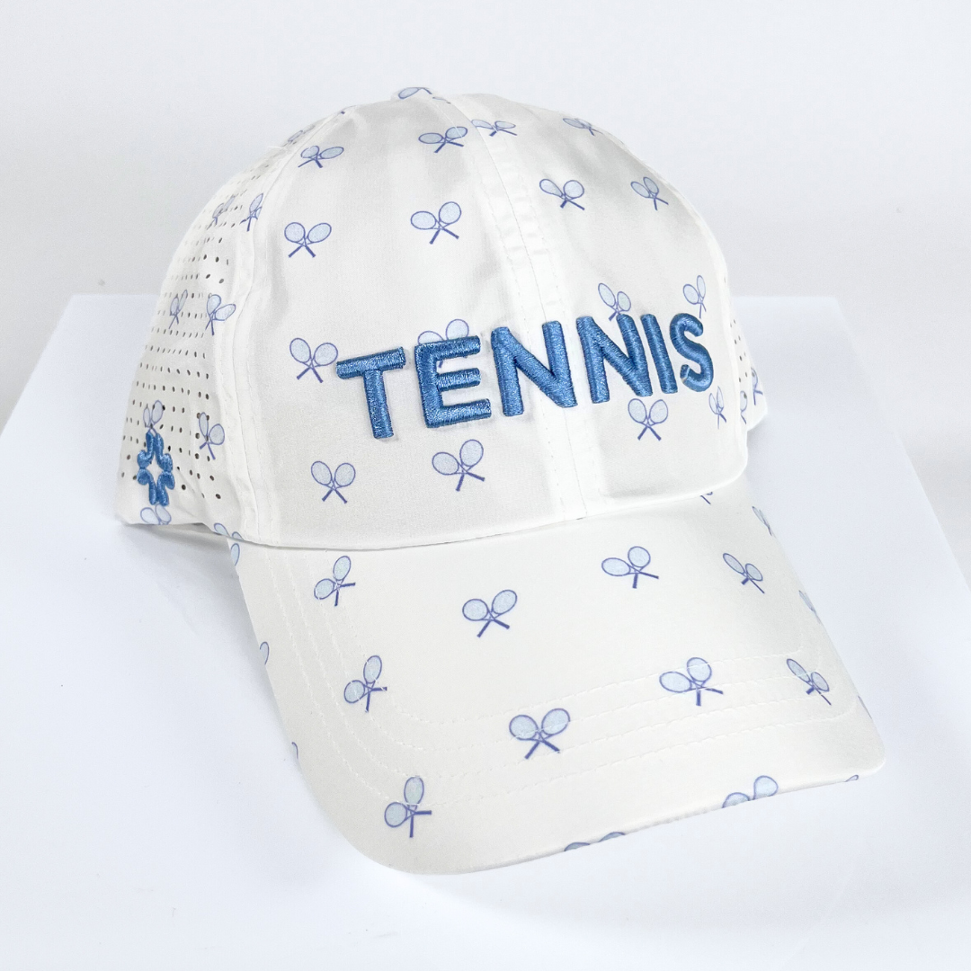 Tennis PUFF on Blue Racquets Print , Sun Goddess Cap, Tuck-In Strap UPF 50+ - VIMHUE