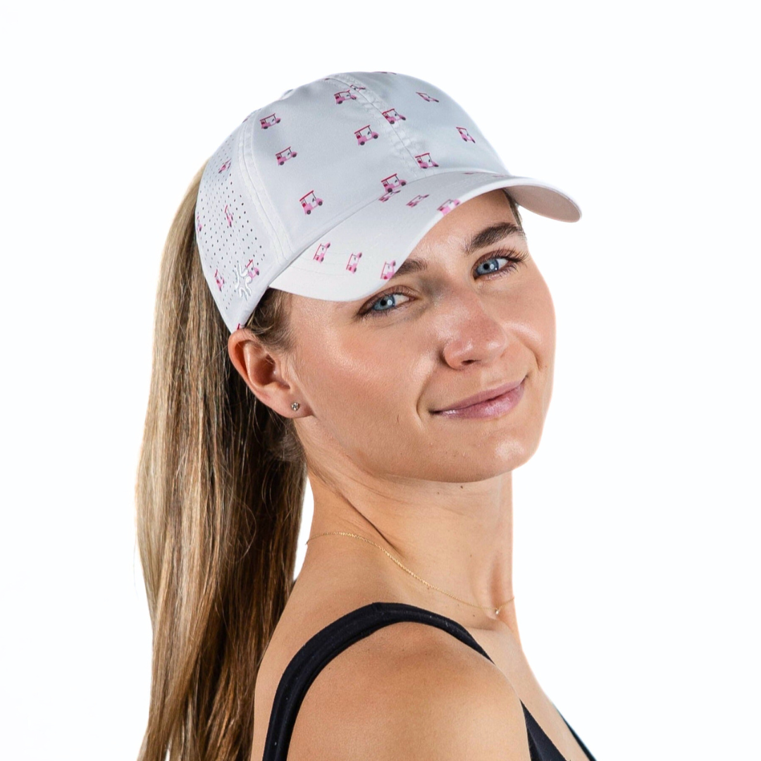 Golf Carts Print, Sun Goddess Cap, Tuck-In Strap UPF 50+ - VIMHUE
