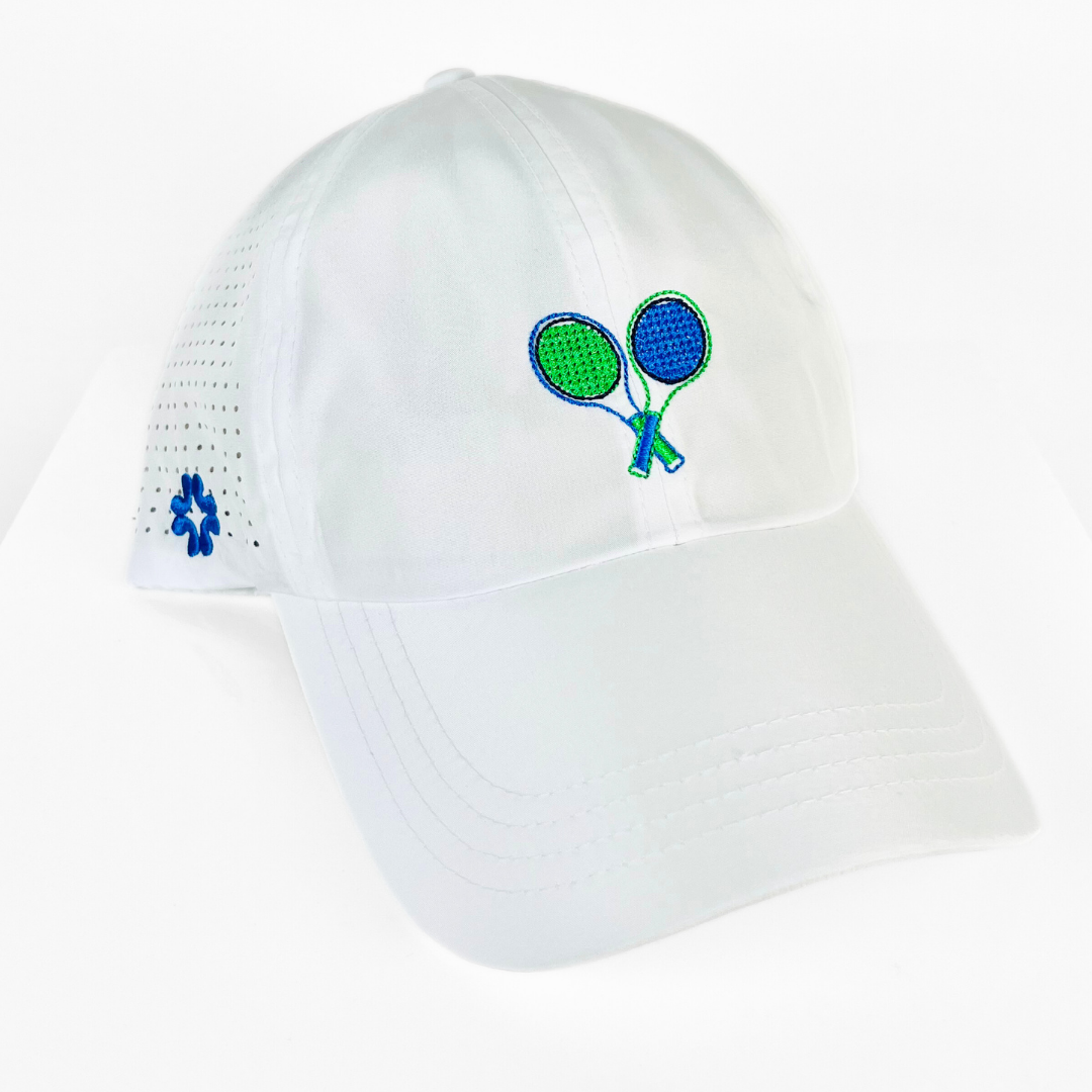 Tennis Racquets Cross-Stitch, Blue/Green - Sun Goddess, Tuck-In Strap, White UPF 50+ (Copy) - VIMHUE