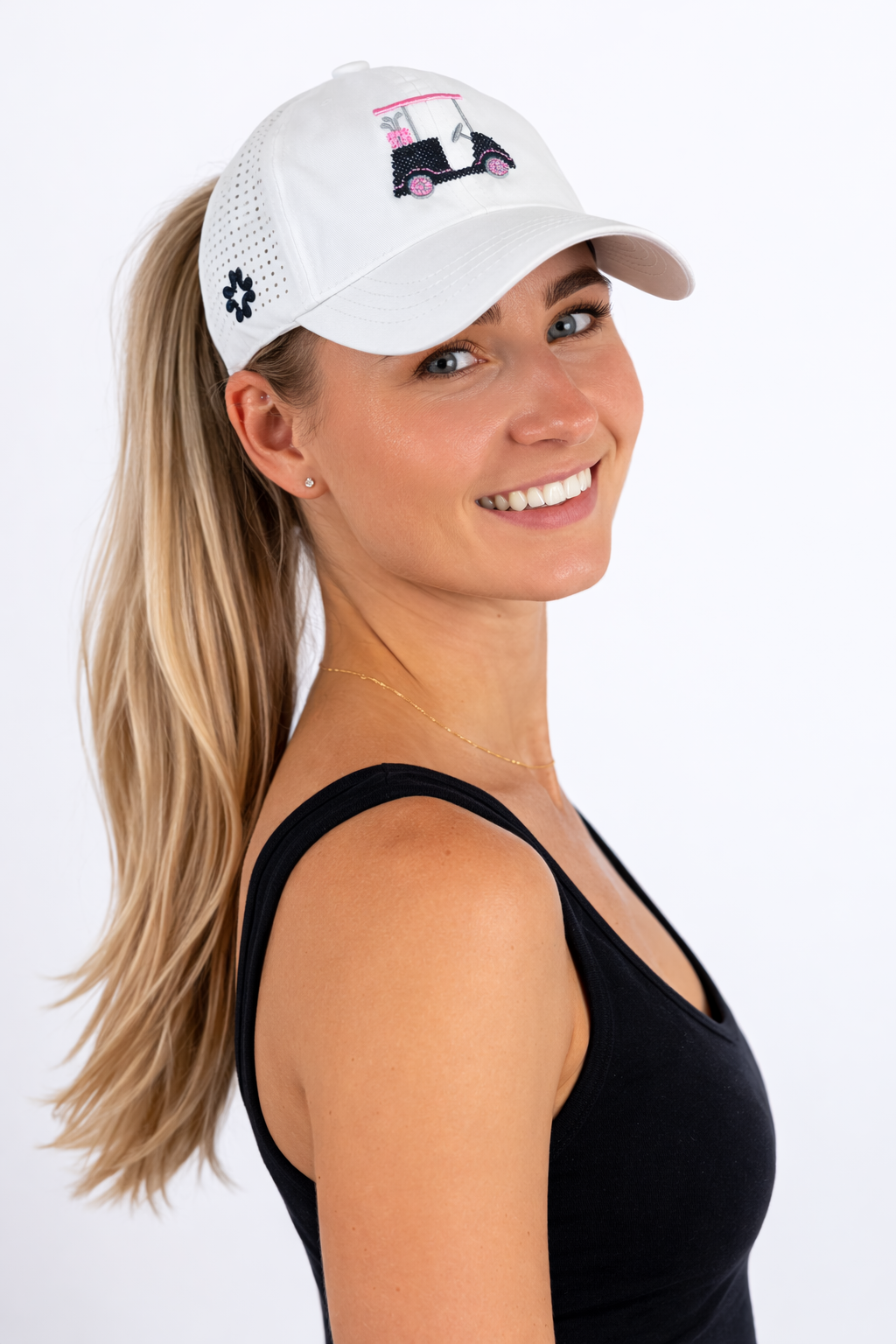 Golf Cart Cross-Stitch in Pink/Navy, Sun Goddess, Tuck In Strap, UPF 50+ - VIMHUE