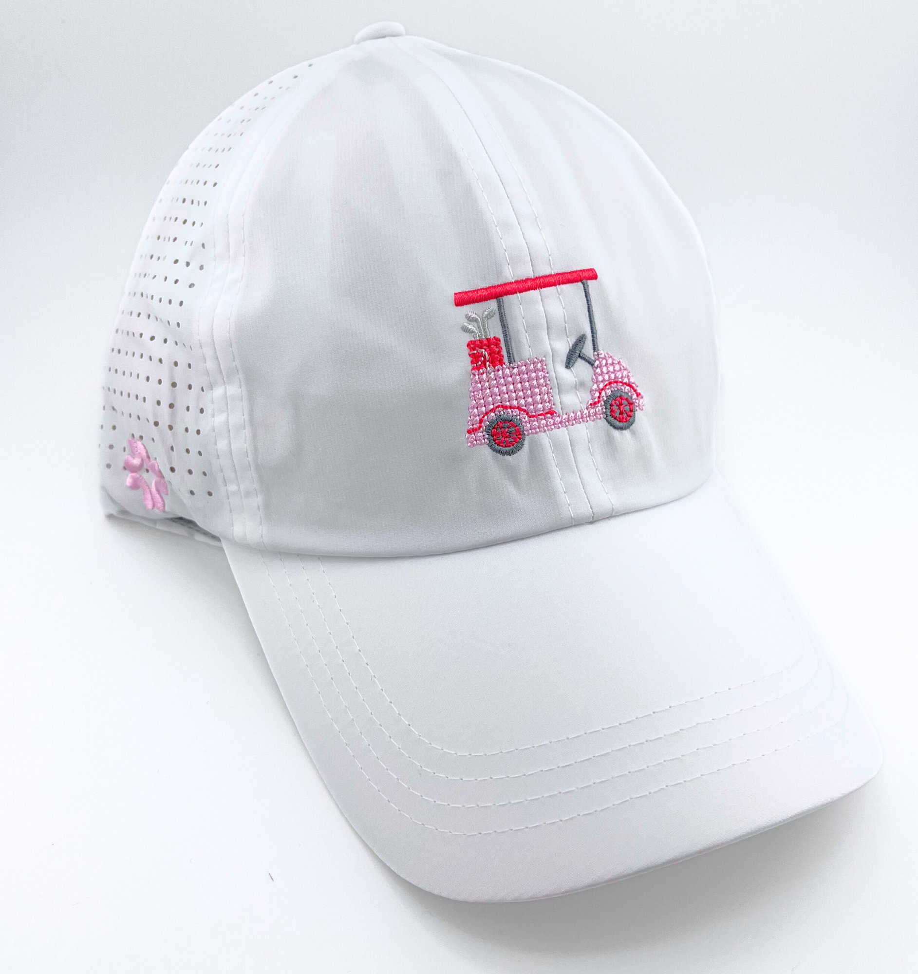 White Golf Cart Cross Stitch, Sun Goddess, Tuck-In Strap, UPF 50+ - VIMHUE