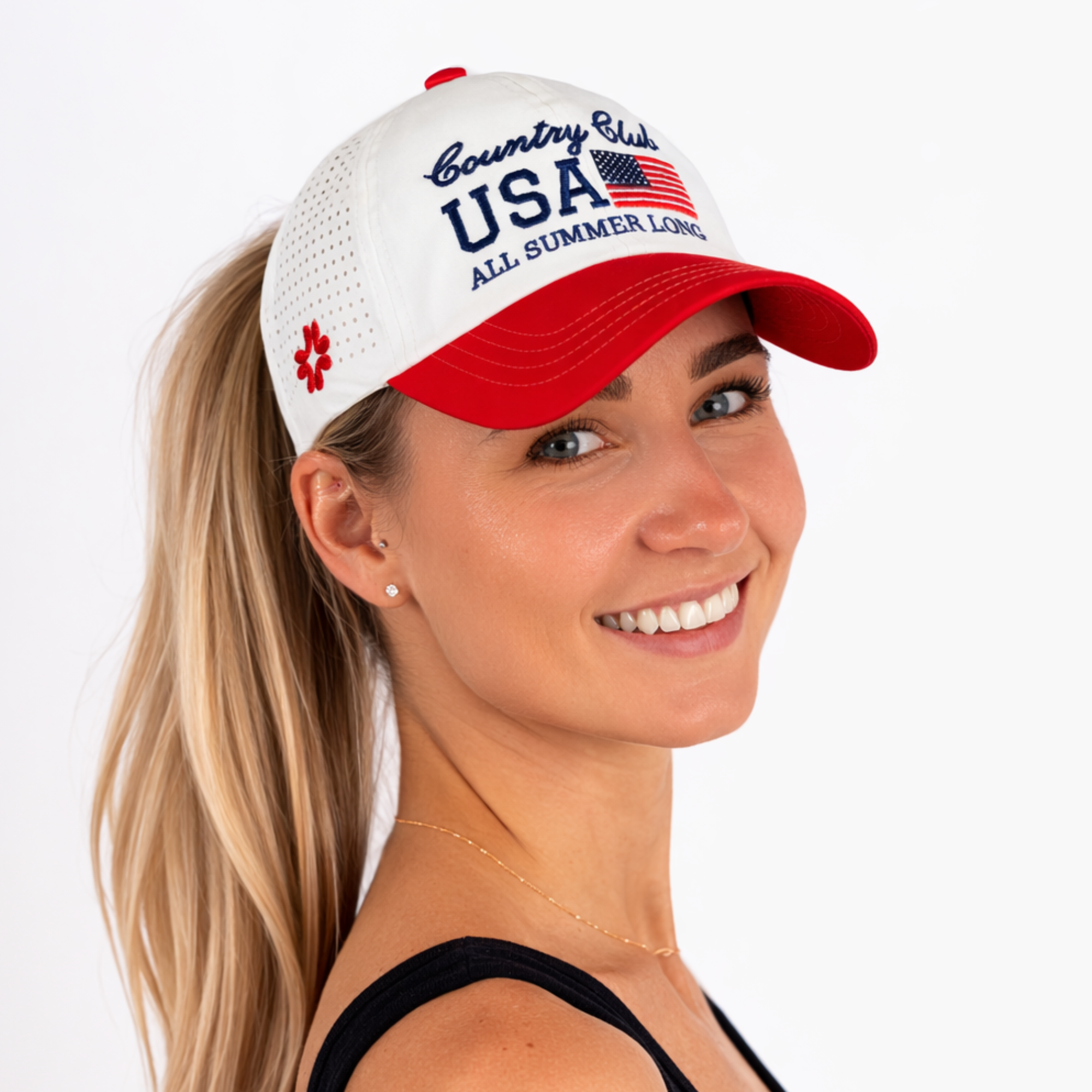 Country Club USA - Cream/Crimson , Sun Goddess Cap, Tuck-In Strap, UPF 50+ - VIMHUE