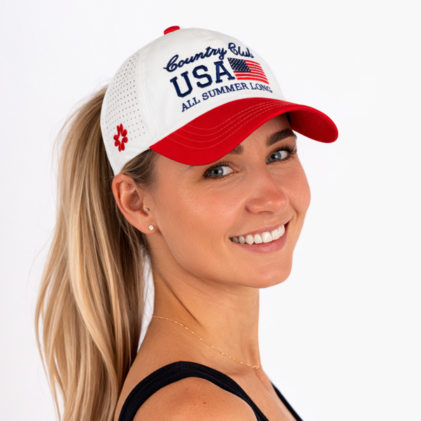 Country Club USA - Cream/Crimson , Sun Goddess Cap, Tuck-In Strap, UPF