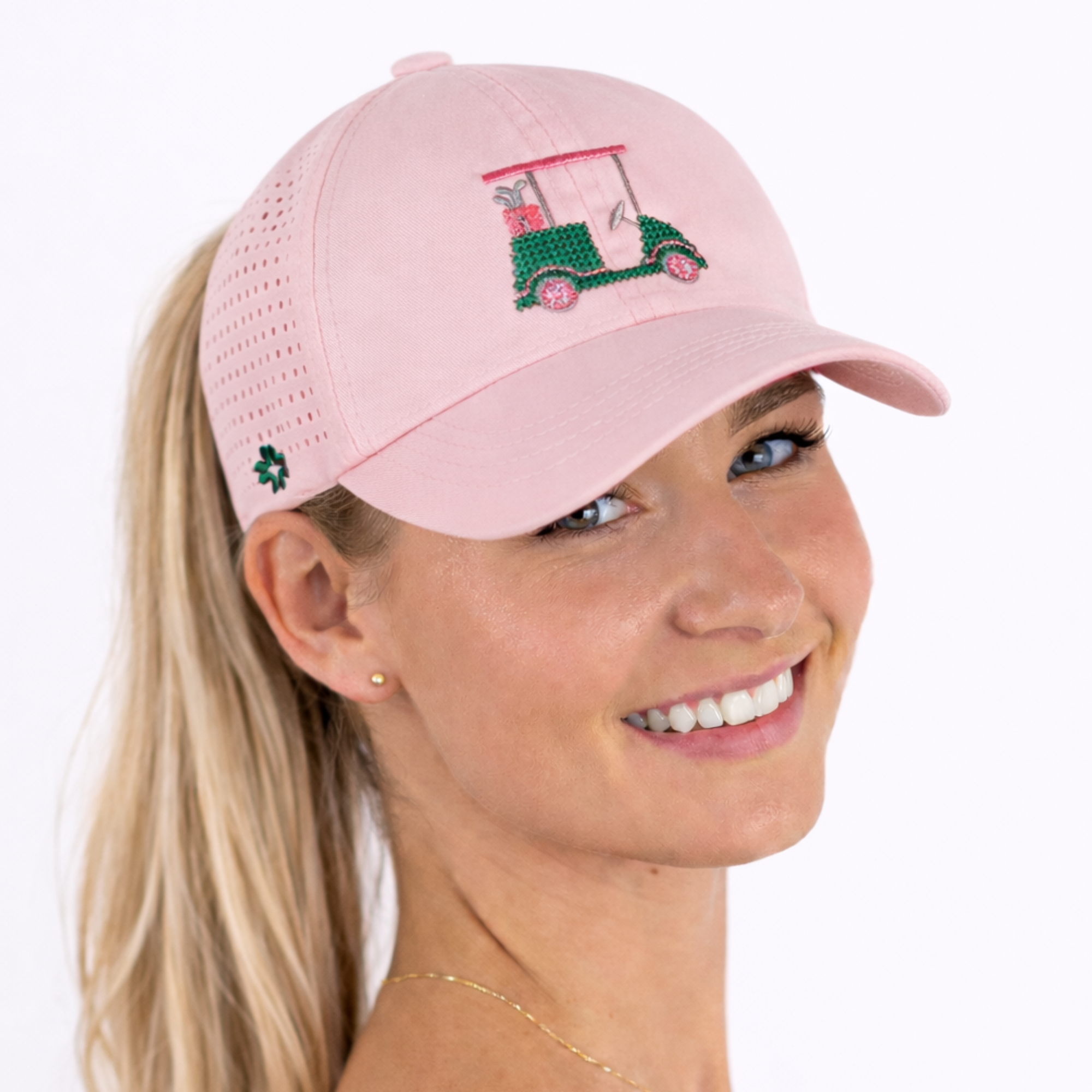 Green/Pink Golf Carts cross-stitch Sun Goddess tuck-in - VIMHUE