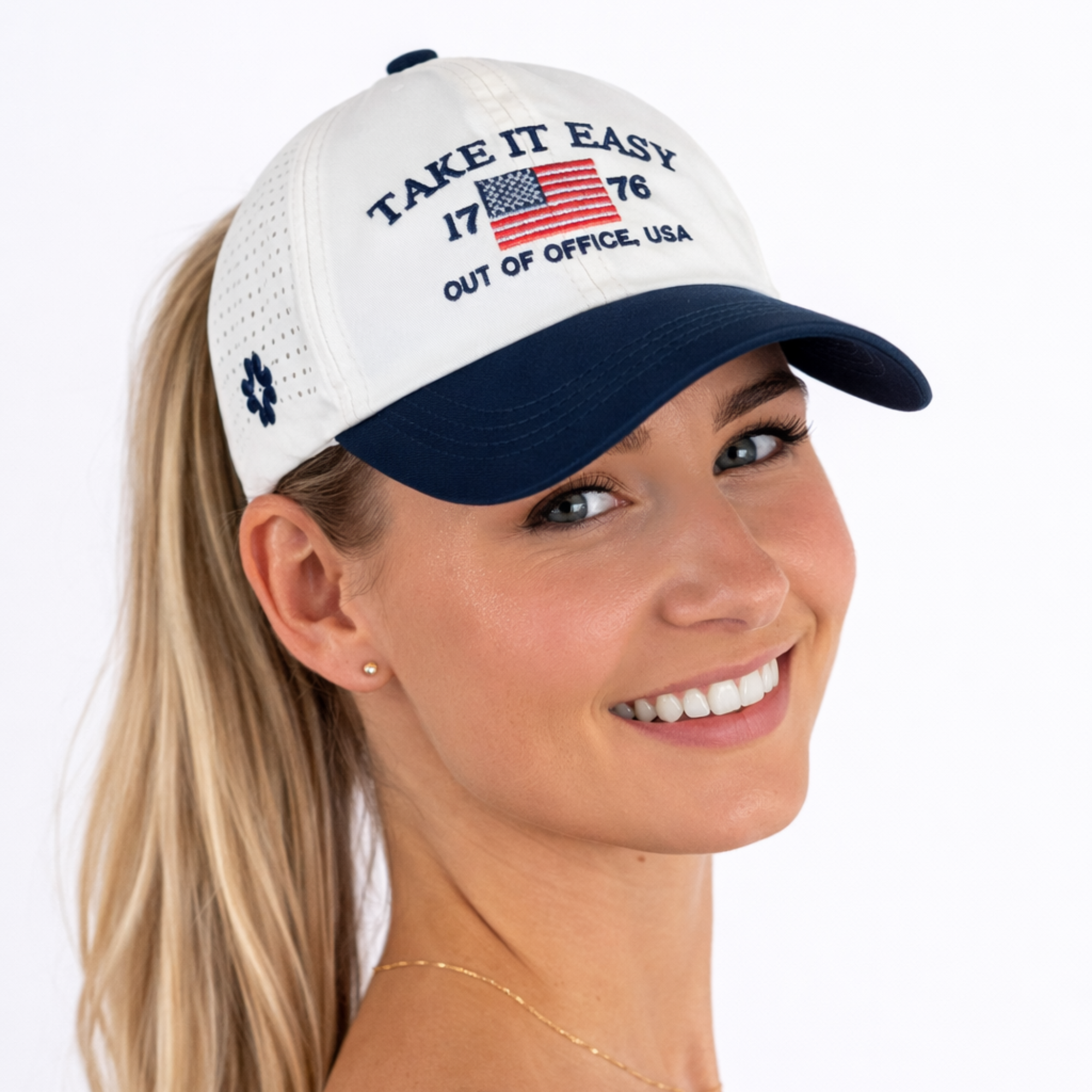 Take It Easy - Cream/Navy , Sun Goddess Cap, Tuck-In Strap, UPF 50+ - VIMHUE