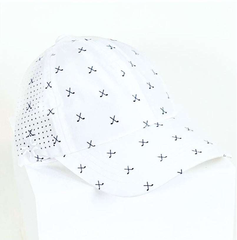 Crossed Golf Clubs, Sun Goddess, Tuck In Strap, White, UPF 50+ - VIMHUE