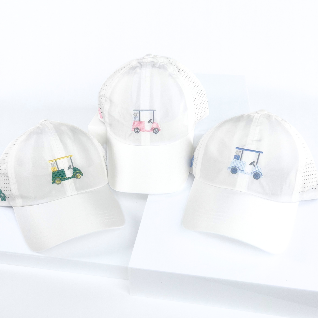 Golf Cart Cross Stitch Sun Goddess, Tuck In Strap, white, UPF 50+ - VIMHUE