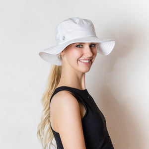 Ponytail hat, Sun Goddess Bucket Hat, White, UPF50+ - VIMHUE