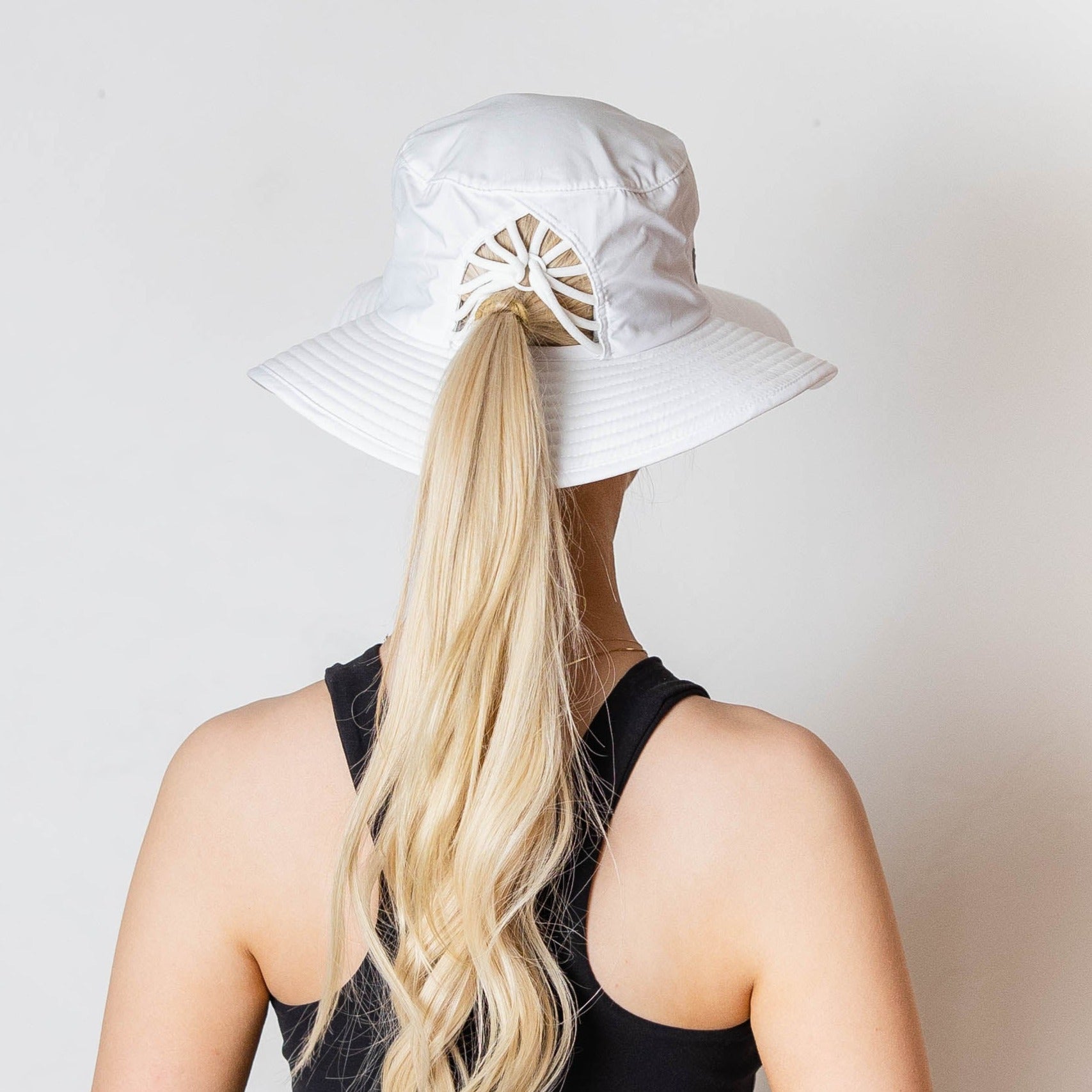 Ponytail hat, Sun Goddess Bucket Hat, White, UPF50+ - VIMHUE