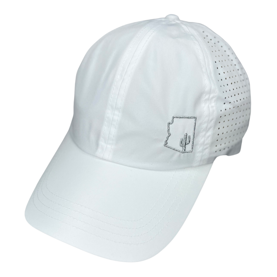 high ponytail hat, white, arizona state logo