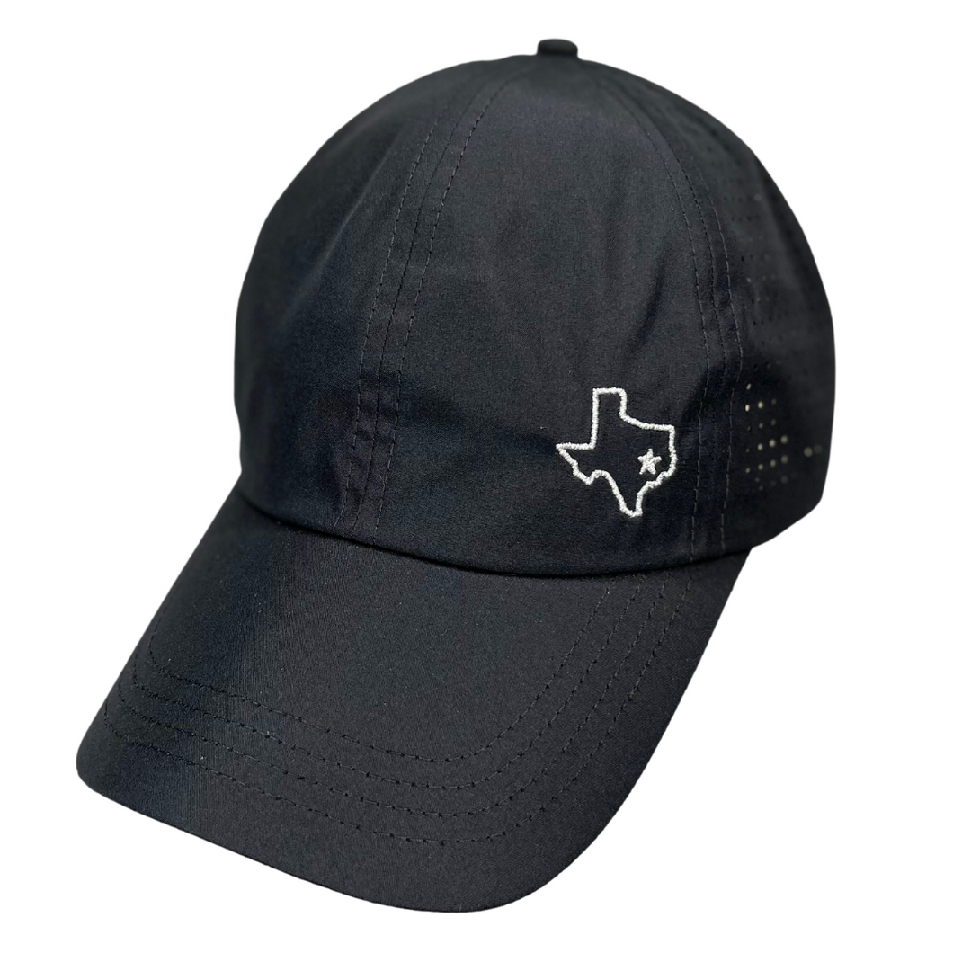 high ponytail hat, black, Texas state logo