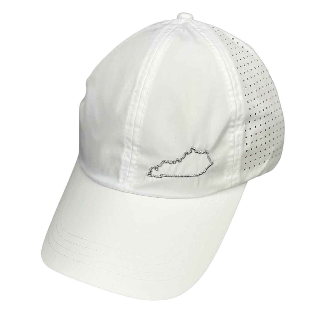 high ponytail hat, white , kentucky state logo